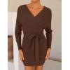 ZESICA Women’s Fall Long Batwing Sleeve Wrap V Neck Knitted Backless Bodycon Pullover Sweater Dress with Belt(Brown)