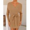 ZESICA Women’s Fall Long Batwing Sleeve Wrap V Neck Knitted Backless Bodycon Pullover Sweater Dress with Belt(Camel)