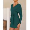 ZESICA Women’s Fall Long Batwing Sleeve Wrap V Neck Knitted Backless Bodycon Pullover Sweater Dress with Belt(Green)