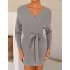 ZESICA Women’s Fall Long Batwing Sleeve Wrap V Neck Knitted Backless Bodycon Pullover Sweater Dress with Belt(Grey)