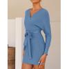 ZESICA Women’s Fall Long Batwing Sleeve Wrap V Neck Knitted Backless Bodycon Pullover Sweater Dress with Belt(Midnightblue)