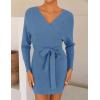 ZESICA Women’s Fall Long Batwing Sleeve Wrap V Neck Knitted Backless Bodycon Pullover Sweater Dress with Belt(Midnightblue)
