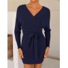 ZESICA Women’s Fall Long Batwing Sleeve Wrap V Neck Knitted Backless Bodycon Pullover Sweater Dress with Belt(Navy)