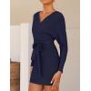 ZESICA Women’s Fall Long Batwing Sleeve Wrap V Neck Knitted Backless Bodycon Pullover Sweater Dress with Belt(Navy)