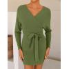 ZESICA Women’s Fall Long Batwing Sleeve Wrap V Neck Knitted Backless Bodycon Pullover Sweater Dress with Belt(Olive)