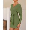 ZESICA Women’s Fall Long Batwing Sleeve Wrap V Neck Knitted Backless Bodycon Pullover Sweater Dress with Belt(Olive)