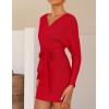 ZESICA Women’s Fall Long Batwing Sleeve Wrap V Neck Knitted Backless Bodycon Pullover Sweater Dress with Belt(Red)