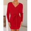 ZESICA Women’s Fall Long Batwing Sleeve Wrap V Neck Knitted Backless Bodycon Pullover Sweater Dress with Belt(Red)