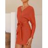 ZESICA Women’s Fall Long Batwing Sleeve Wrap V Neck Knitted Backless Bodycon Pullover Sweater Dress with Belt(Rustred)