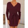 ZESICA Women’s Fall Long Batwing Sleeve Wrap V Neck Knitted Backless Bodycon Pullover Sweater Dress with Belt(Wine)