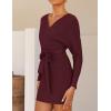 ZESICA Women’s Fall Long Batwing Sleeve Wrap V Neck Knitted Backless Bodycon Pullover Sweater Dress with Belt(Wine)