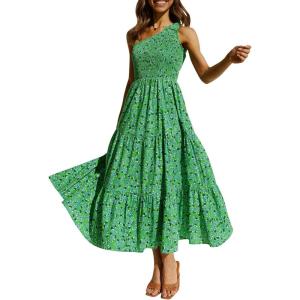 ZESICA Women’s 2026 Bohemian Summer Floral Print One Shoulder Sleeveless Smocked Ruffle Tiered Beach Long Midi Dress(Grassgreen)