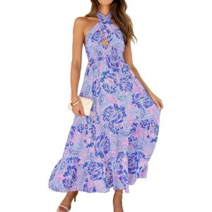 ZESICA Women’s 2026 Summer Crossover Halter Neck Sleeveless Plaid Cut Out Backless Flowy A Line Maxi Dress(Bluishviolet)