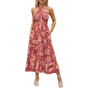 ZESICA Women’s 2026 Summer Crossover Halter Neck Sleeveless Plaid Cut Out Backless Flowy A Line Maxi Dress(Burntbrick)