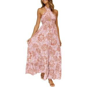 ZESICA Women’s 2026 Summer Crossover Halter Neck Sleeveless Plaid Cut Out Backless Flowy A Line Maxi Dress(Lightbrown)