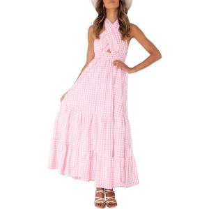 ZESICA Women’s 2026 Summer Crossover Halter Neck Sleeveless Plaid Cut Out Backless Flowy A Line Maxi Dress(Pink)