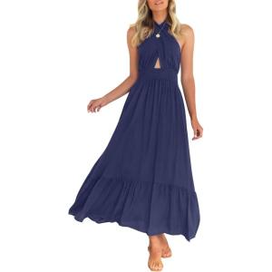 ZESICA Women’s 2026 Summer Crossover Halter Neck Sleeveless Plaid Cut Out Backless Flowy A Line Maxi Dress(Royalblue)