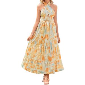 ZESICA Women’s 2026 Summer Crossover Halter Neck Sleeveless Plaid Cut Out Backless Flowy A Line Maxi Dress(Sunsetyellow)