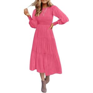 ZESICA Women’s Casual Long Sleeve Crew Neck High Waist Smocked Flowy Tiered Midi Dress(Hotpink)
