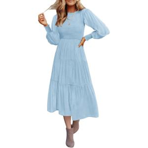 ZESICA Women’s Casual Long Sleeve Crew Neck High Waist Smocked Flowy Tiered Midi Dress(Lightblue)