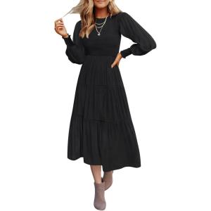 ZESICA Women’s Casual Long Sleeve Crew Neck High Waist Smocked Flowy Tiered Midi Dress(Pureblack)