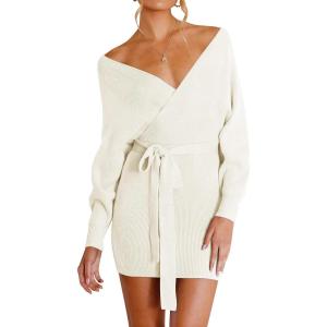 ZESICA Women’s Fall Long Batwing Sleeve Wrap V Neck Knitted Backless Bodycon Pullover Sweater Dress with Belt(Apricot)