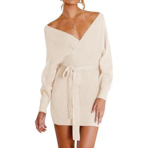 ZESICA Women’s Fall Long Batwing Sleeve Wrap V Neck Knitted Backless Bodycon Pullover Sweater Dress with Belt(Beige)