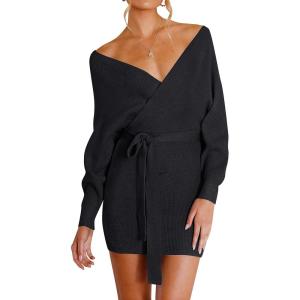 ZESICA Women’s Fall Long Batwing Sleeve Wrap V Neck Knitted Backless Bodycon Pullover Sweater Dress with Belt(Black)