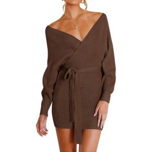 ZESICA Women’s Fall Long Batwing Sleeve Wrap V Neck Knitted Backless Bodycon Pullover Sweater Dress with Belt(Brown)
