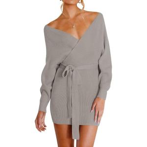 ZESICA Women’s Fall Long Batwing Sleeve Wrap V Neck Knitted Backless Bodycon Pullover Sweater Dress with Belt(Grey)