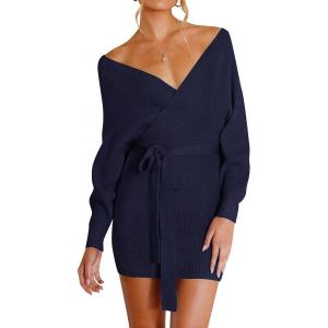 ZESICA Women’s Fall Long Batwing Sleeve Wrap V Neck Knitted Backless Bodycon Pullover Sweater Dress with Belt(Navy)