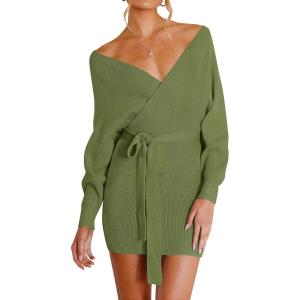 ZESICA Women’s Fall Long Batwing Sleeve Wrap V Neck Knitted Backless Bodycon Pullover Sweater Dress with Belt(Olive)