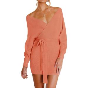 ZESICA Women’s Fall Long Batwing Sleeve Wrap V Neck Knitted Backless Bodycon Pullover Sweater Dress with Belt(Peach)