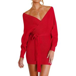 ZESICA Women’s Fall Long Batwing Sleeve Wrap V Neck Knitted Backless Bodycon Pullover Sweater Dress with Belt(Red)