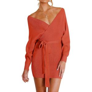 ZESICA Women’s Fall Long Batwing Sleeve Wrap V Neck Knitted Backless Bodycon Pullover Sweater Dress with Belt(Rustred)