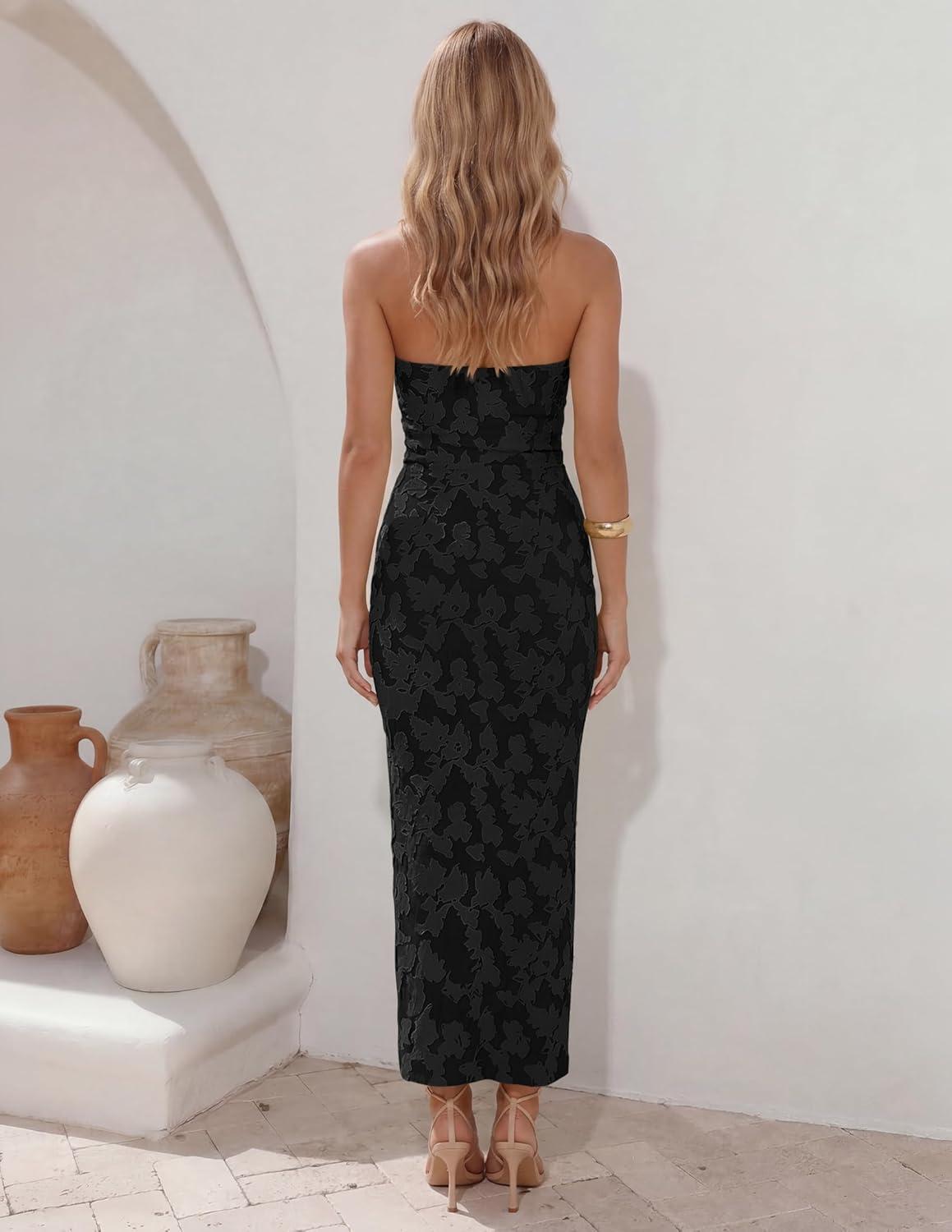 imageZESICA Womens 2026 Summer Floral Strapless Maxi Dress Bodycon Side Slit Mesh Formal Cocktail Party Wedding Guest Long DressesBlack