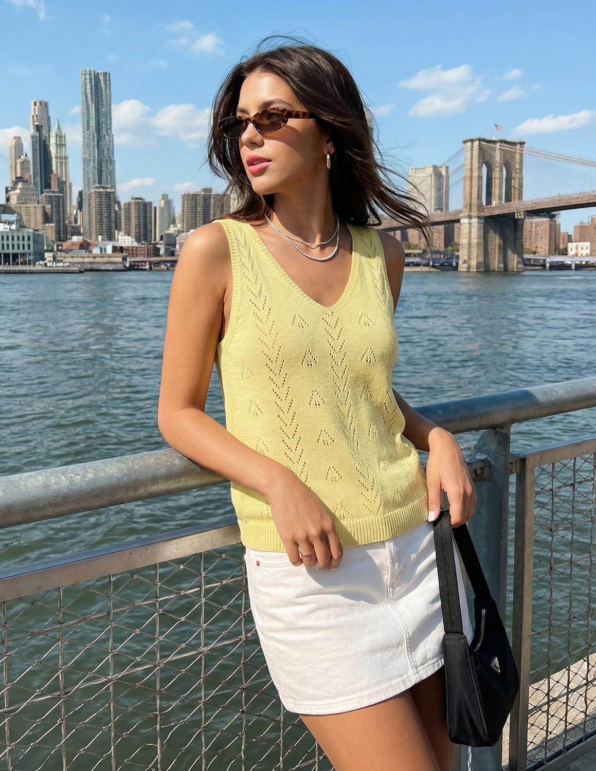 imageZESICA Womens Summer Crochet V Neck Tank Tops 2026 Sleeveless Knit Sweater Vest Going Out Beach Vacation ClothesYellow