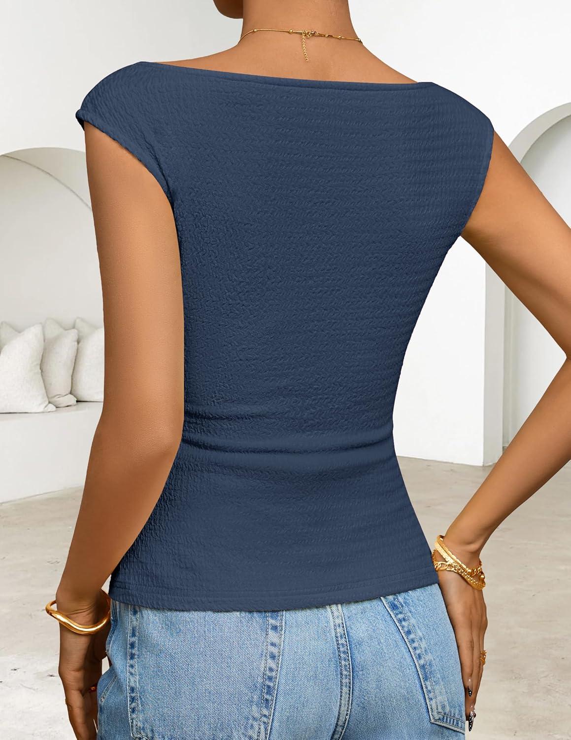 imageZESICA Womens Summer Ruched Trendy Tank Top 2026 Cap Sleeve Boat Neck Slim Fit Spring Tops Going Out Tee Shirts FashionDustyblue