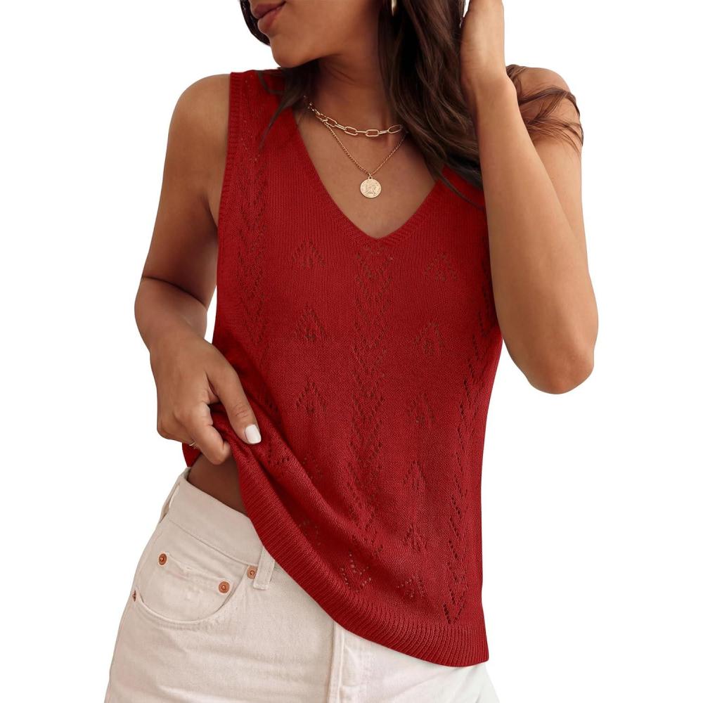 imageZESICA Womens Summer Crochet V Neck Tank Tops 2026 Sleeveless Knit Sweater Vest Going Out Beach Vacation ClothesRed
