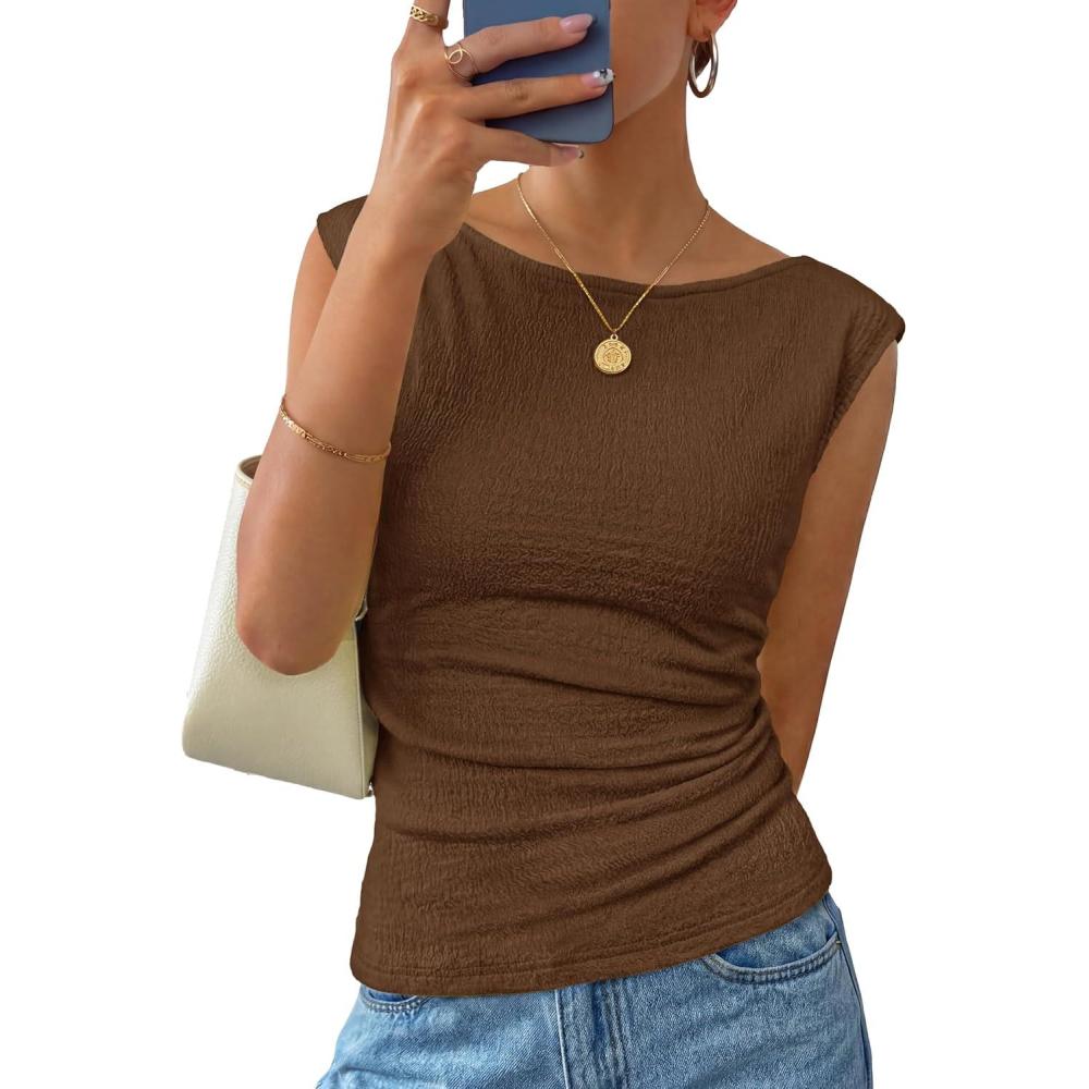imageZESICA Womens Summer Ruched Trendy Tank Top 2026 Cap Sleeve Boat Neck Slim Fit Spring Tops Going Out Tee Shirts FashionCoffee