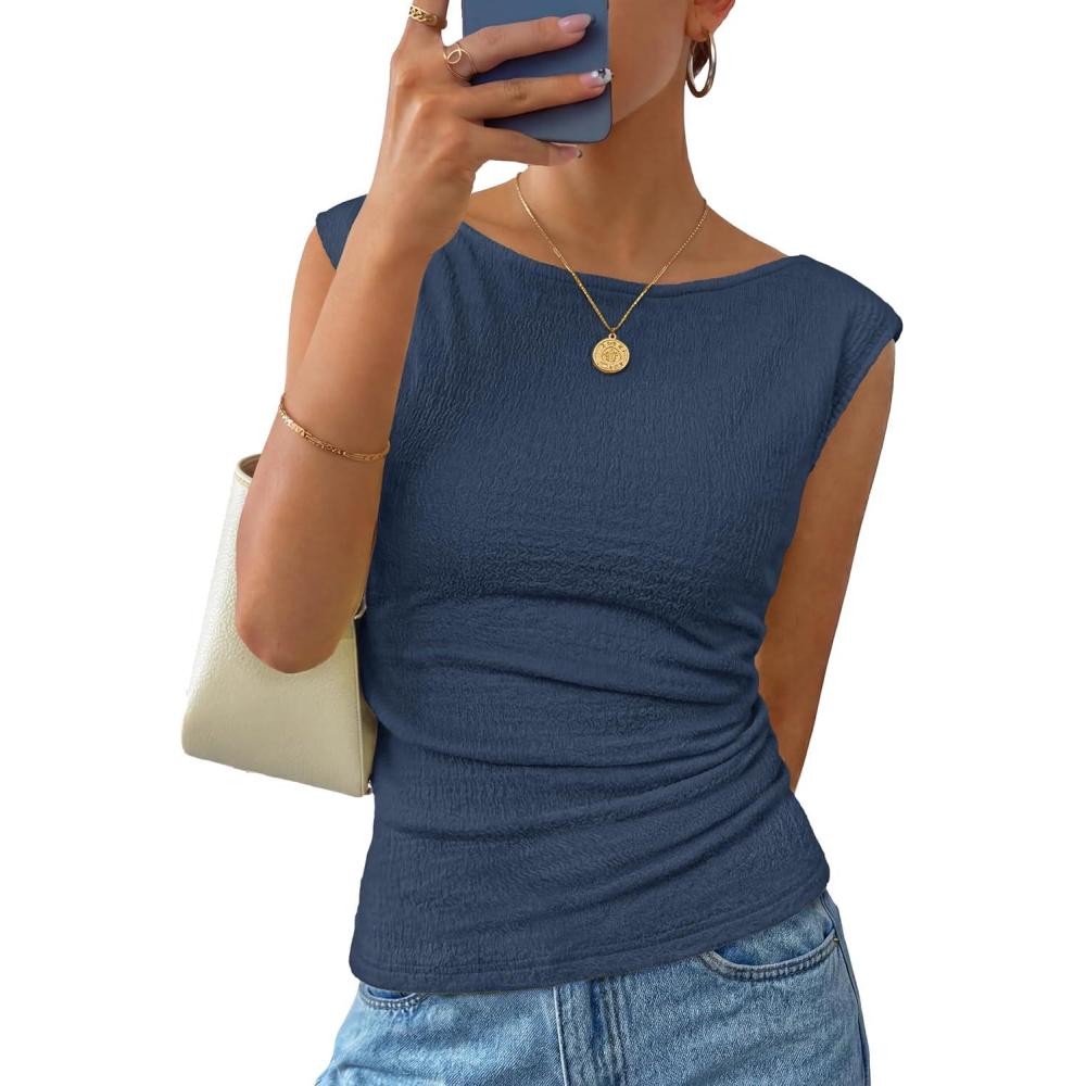 imageZESICA Womens Summer Ruched Trendy Tank Top 2026 Cap Sleeve Boat Neck Slim Fit Spring Tops Going Out Tee Shirts FashionDustyblue