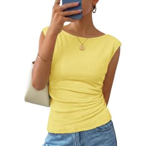 ZESICA Women’s Summer Ruched Trendy Tank Top 2026 Cap Sleeve Boat Neck Slim Fit Spring Tops Going Out Tee Shirts Fashion(Yellow)