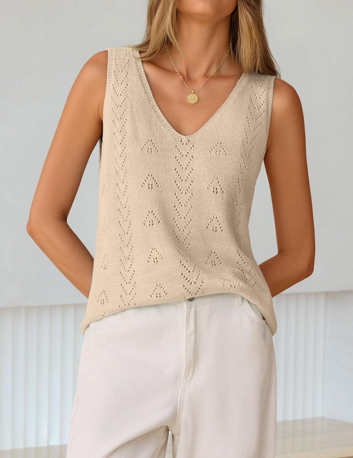imageZESICA Womens Summer Crochet Sleeveless V Neck Vest Tops 2026 Casual Lightweight Knit Sweaters Fashion Vacation ClothesApricot