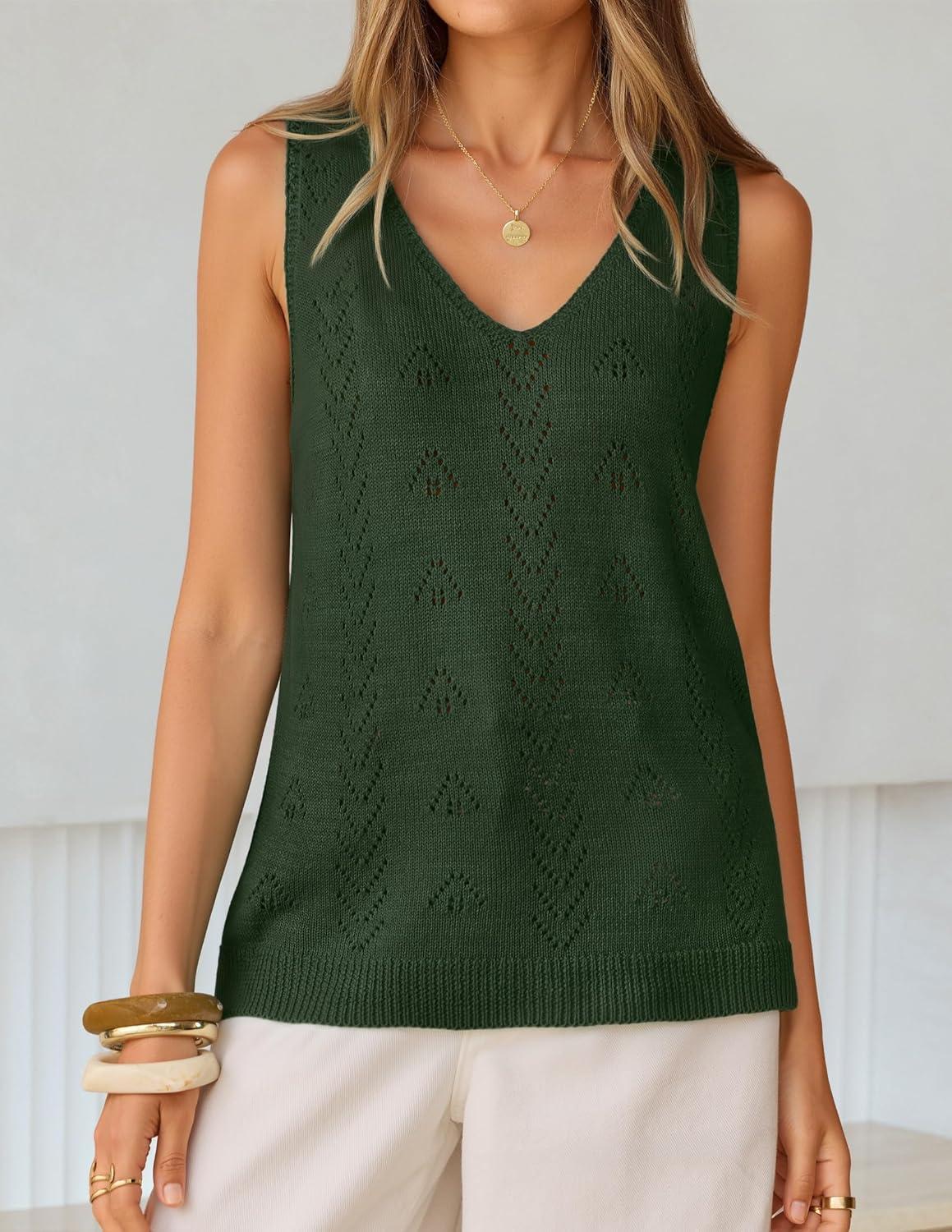 imageZESICA Womens Summer Crochet Sleeveless V Neck Vest Tops 2026 Casual Lightweight Knit Sweaters Fashion Vacation ClothesArmygreen