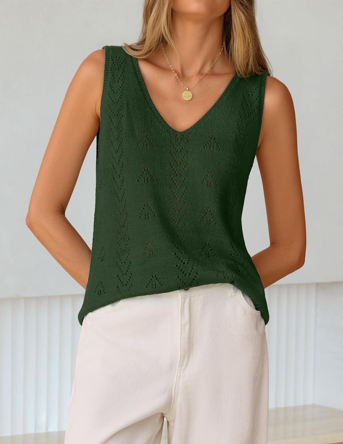 imageZESICA Womens Summer Crochet Sleeveless V Neck Vest Tops 2026 Casual Lightweight Knit Sweaters Fashion Vacation ClothesArmygreen