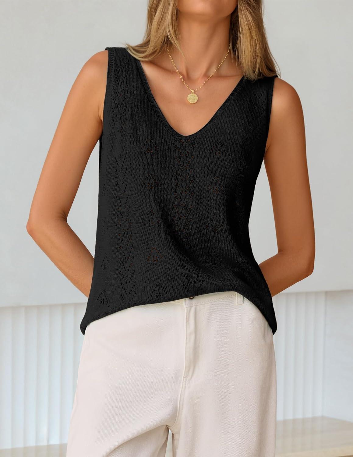 imageZESICA Womens Summer Crochet Sleeveless V Neck Vest Tops 2026 Casual Lightweight Knit Sweaters Fashion Vacation ClothesBlack