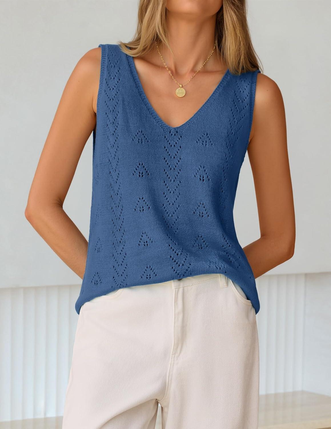 imageZESICA Womens Summer Crochet Sleeveless V Neck Vest Tops 2026 Casual Lightweight Knit Sweaters Fashion Vacation ClothesDustyblue