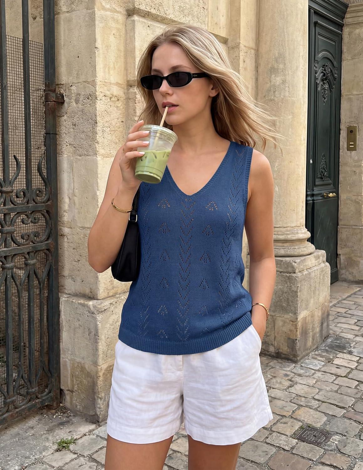imageZESICA Womens Summer Crochet Sleeveless V Neck Vest Tops 2026 Casual Lightweight Knit Sweaters Fashion Vacation ClothesDustyblue