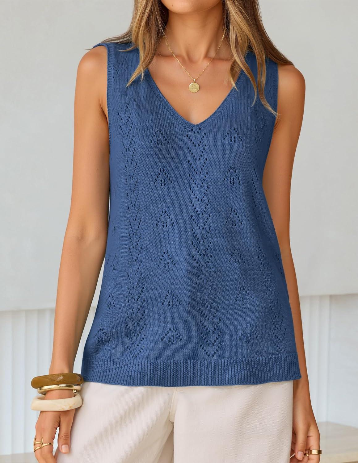 imageZESICA Womens Summer Crochet Sleeveless V Neck Vest Tops 2026 Casual Lightweight Knit Sweaters Fashion Vacation ClothesDustyblue