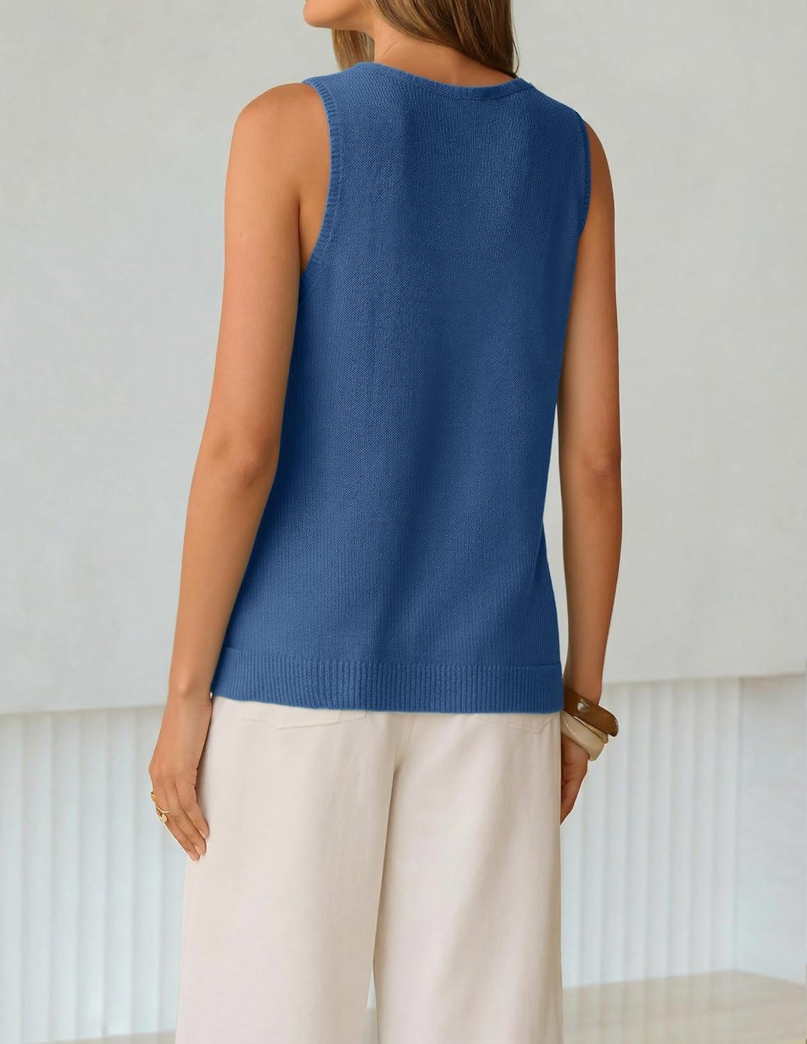 imageZESICA Womens Summer Crochet Sleeveless V Neck Vest Tops 2026 Casual Lightweight Knit Sweaters Fashion Vacation ClothesDustyblue